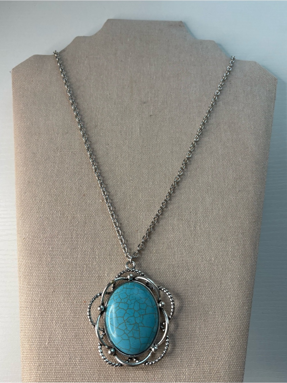 Silver-Tone Turquoise Oval Pendant Necklace - Women Jewelry